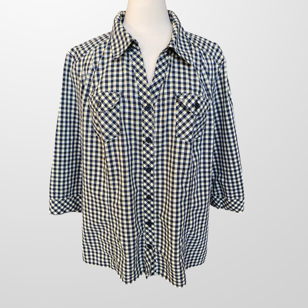 CJ Banks Women's Size 2X Top Shirt 3/4 Sleeve‎ Navy Yellow Gingham Lightweight
